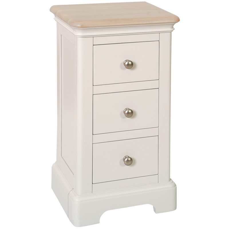 Barton Painted Compact 3 Drawer Bedside with light oak top and silver round knobs. Edmunds & Clarke Furniture