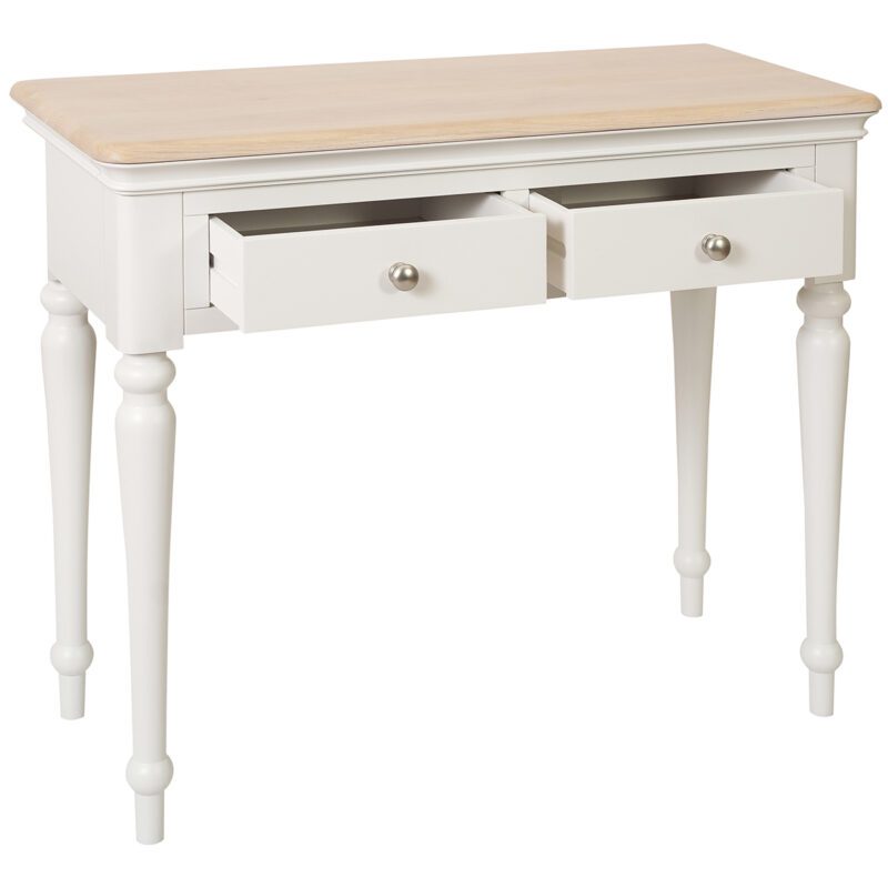 Barton Painted Dressing Table with light oak top, 2 drawers, turned legs and round silver knobs . Edmunds & Clarke Furniture