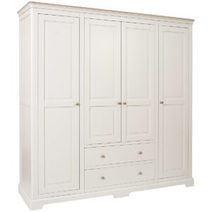 Barton Painted quad wardrobe with drawers and light oak top and silver knobs. Edmunds & Clarke Furniture