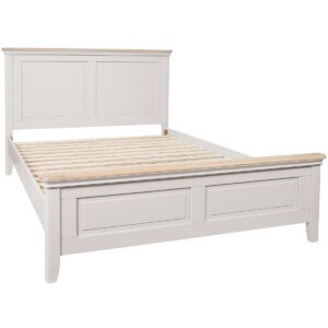 Barton painted 5ft High foot end paneled bed with light oak capping. Edmunds & Clarke Furniture
