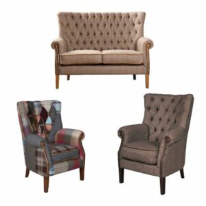 Barnard and Hexham harris tweed and wool patchwork chairs and sofa. Edmunds & Clarke Furniture