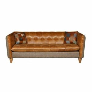 Brunswick 3 seater sofa in leather and harris tweed