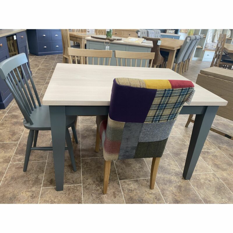 Edmunds shaker dining table 4ft painted in Downpipe with tapered legs and white lacquer top. Edmunds & Clarke Furniture