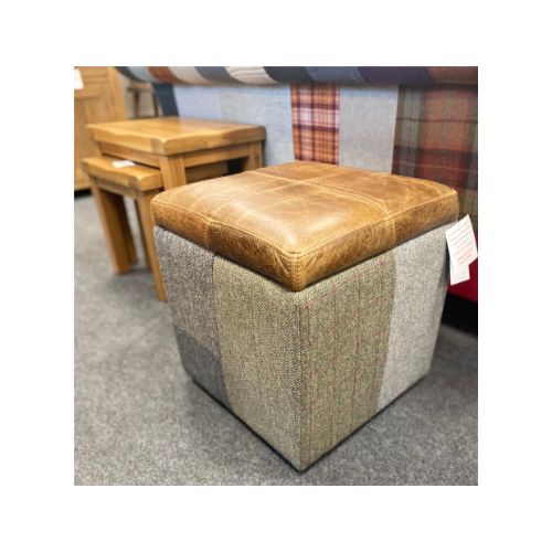 Patchwork storage stool with wool patchwork at Edmunds & Clarke Furniture