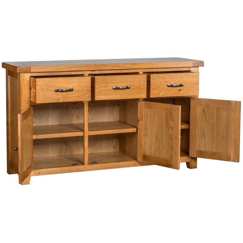 Somerset oak 3 drawer sideboard doors open