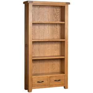 Somerset oak tall bookcase with 2 drawers