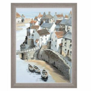 AMG00282 On The Headland framed art. Fishing village scene with boats and bridge and coastal houses. Glassless grey frame