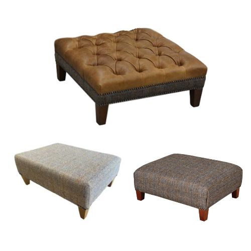 Kensington mini stools in Harris Tweed or cerato leather. Edmunds & Clarke Furniture