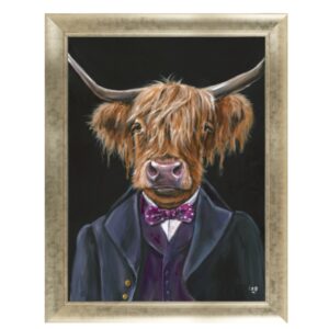 AK11273 Hamilton Large framed art. Highland Cow in a navy velour suit. Edmunds & Clarke Furniture