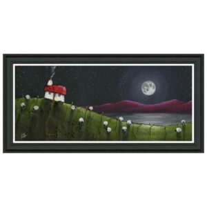 AK11976 Glimmering night framed glassless art. A dark funky image of a cottage on the hill in the dark surrounded by sheep. Black chunky frame. Edmunds & Clarke Furniture