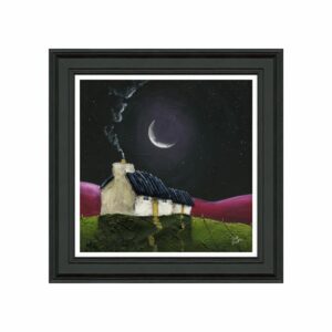 AK11977 Midnight pinks framed glassless art. A dark funky image of cottages on the hill in the dark with black chunky frame. Edmunds & Clarke Furniture