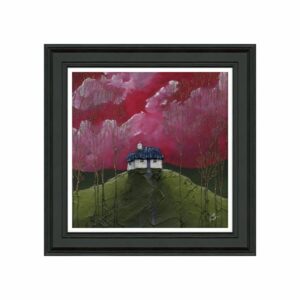 AK11978 Cherry Top Cottage framed glassless art. A dark funky image of cottage on the hill with black chunky frame. Edmunds & Clarke Furniture