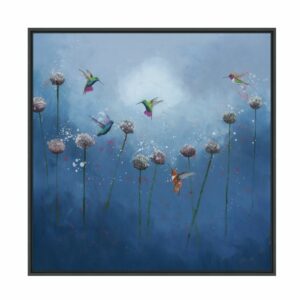 AK12044 LA Vie Est Belle framed, glassless art. Hummingbirds within flowers on a blue background