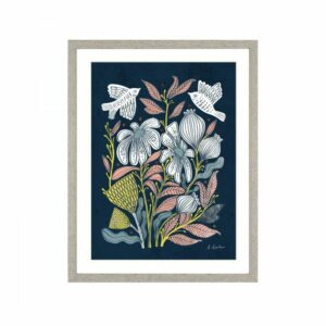 Chorus Framed Wall Art. White graphic flowers on a navy background. Edmunds & Clarke Furniture