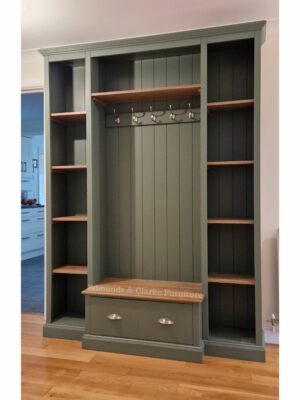 Edmunds Hallway unit in smoke green and oak. Open rack for coats and shelves for shoes and bench lid opens. Edmunds & Clarke Furniture
