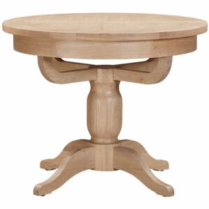 Suffolk White washed Oak round dining table closed. Edmunds & Clarke Furniture
